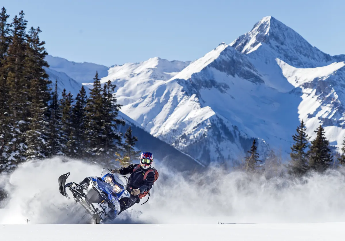A snowmobiler speeds through a snow-blanketed landscape, framed by towering mountains and dense trees. The image captures the thrill of local adventure and the beauty of Telluride's natural surroundings, inviting guests to explore unique experiences with confidence.